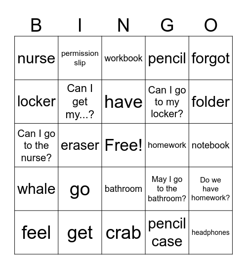 At School! Bingo Card
