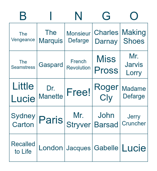 A Tale of Two Cities Bingo Card
