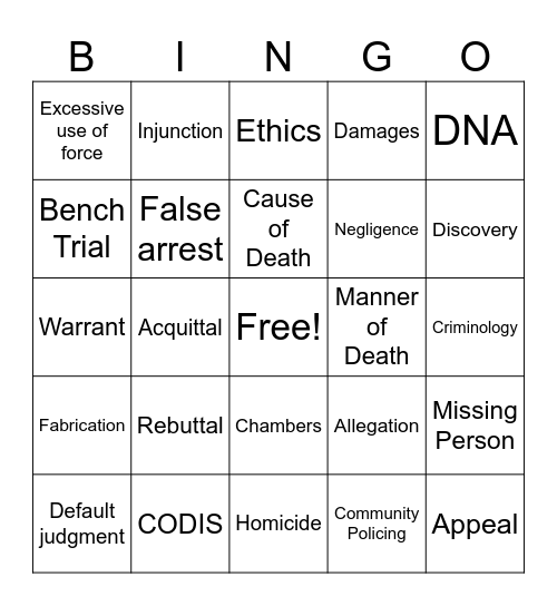 Criminal Justice Bingo Card