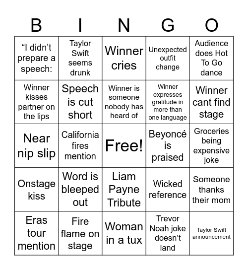 GRAMMYS 2025 BINGO BY GALE P. Bingo Card