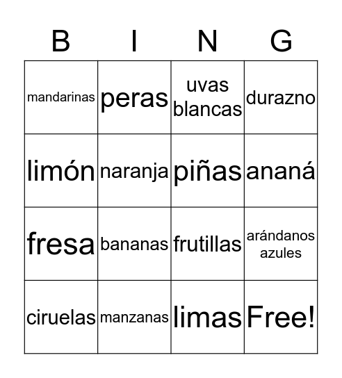 Frutas Bingo Card