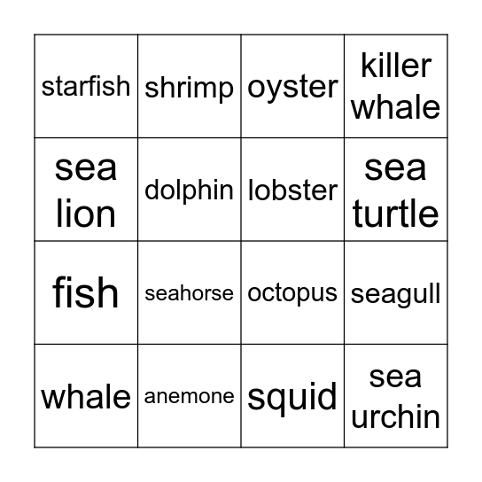 Sea Animals Bingo Card