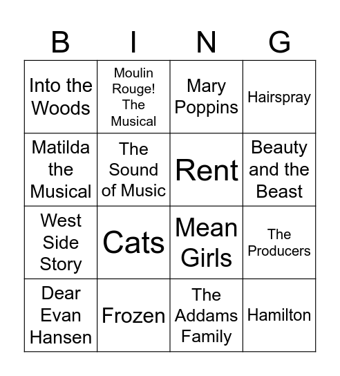 Broadway Bingo Card
