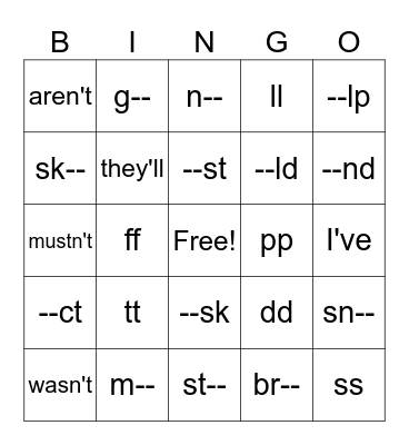 Grammar Practice Bingo Card