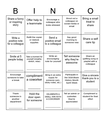 SWCC Kindness Bingo Card