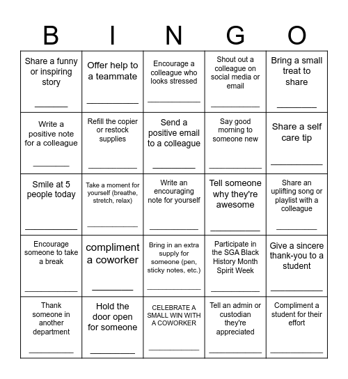 SWCC Kindness Bingo Card