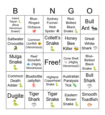 Deadly Australian Animals Bingo Card