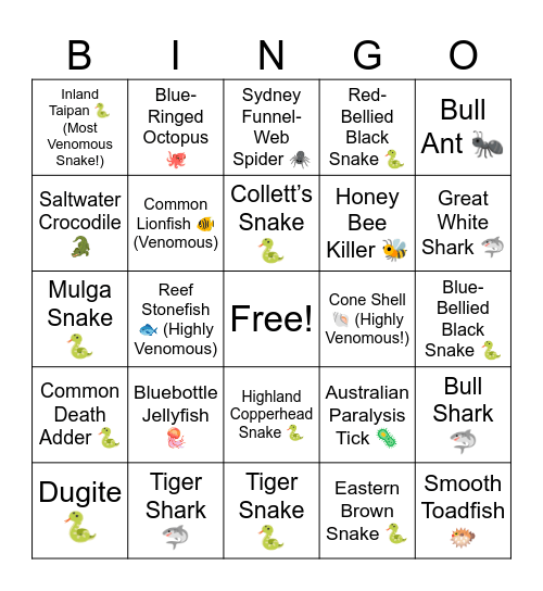 Deadly Australian Animals Bingo Card