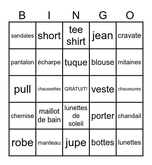 Les Vêtements Bingo Card