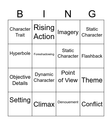 Literary Vocabulary 1 & 2 Bingo Card