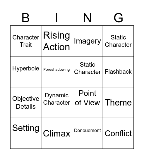 Literary Vocabulary 1 & 2 Bingo Card