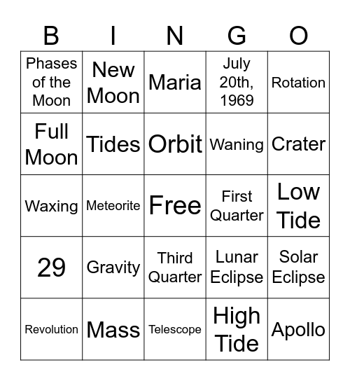 The Earth and Moon Systems Bingo Card