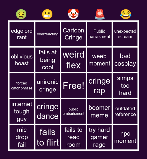 Cringe Comet Bingo Card