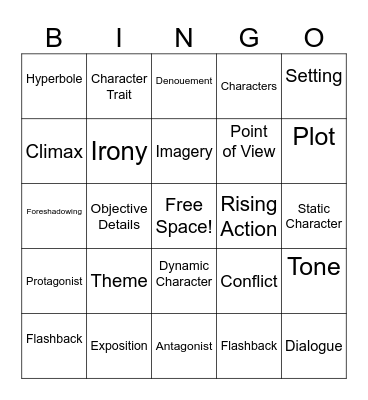 Literary Vocabulary 1 & 2 Bingo Card
