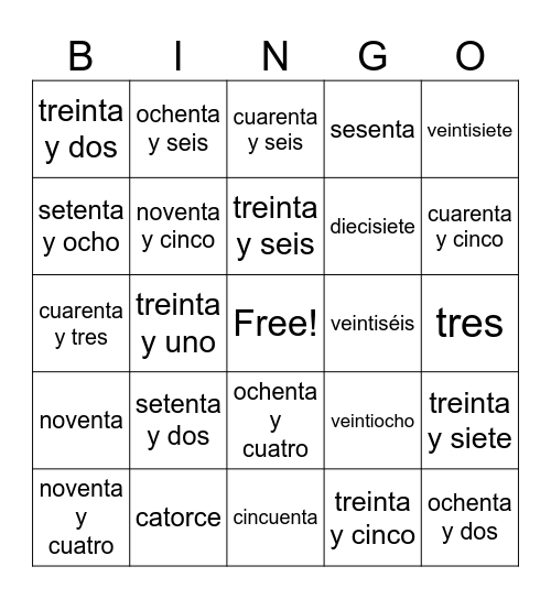 ¡Los Números! Bingo Card
