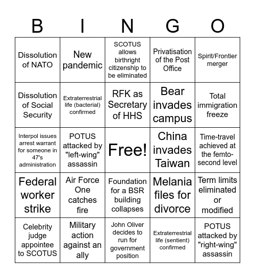 47 Presidency Bingo Card