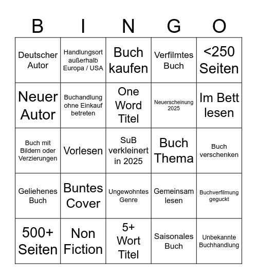 Reading Challenge 25 Bingo Card