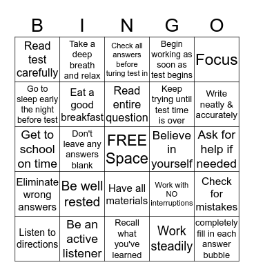 TEST TAKING BINGO Card