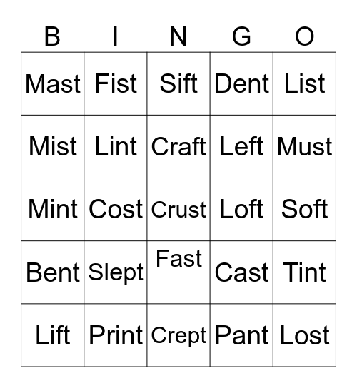 Ending T blends Bingo Card