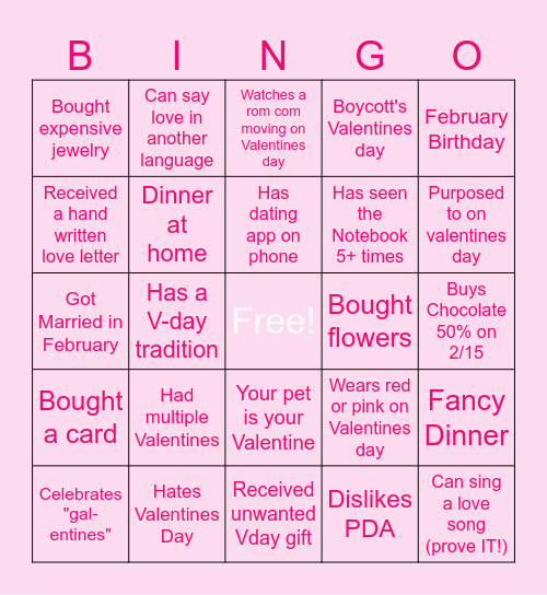 Valentines Day Bingo Card