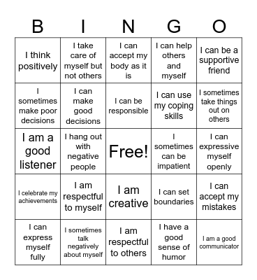 Self-Esteem Bingo Card