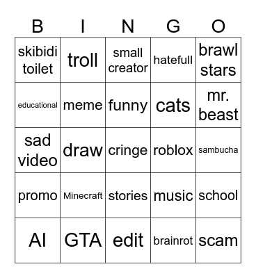 youtube shorts Bingo Card