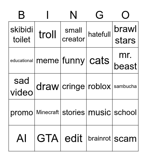 youtube shorts Bingo Card