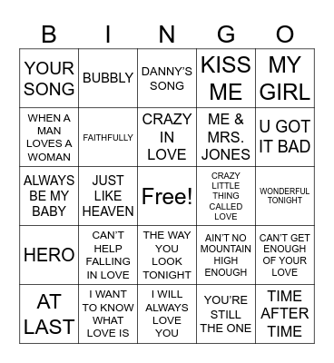 Love Songs R1 Bingo Card