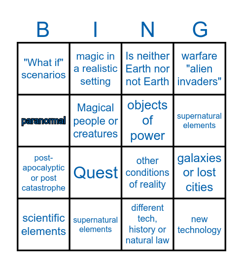 Sci-fi, Fantasy, & Speculative Fi Bingo Card