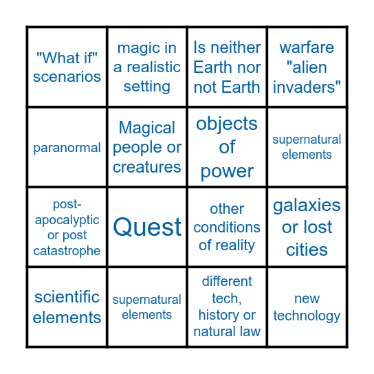 Sci-fi, Fantasy, & Speculative Fi Bingo Card