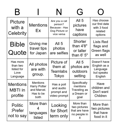 Hinge Profile BINGO Card