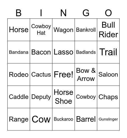 Wild Wild West Bingo Card