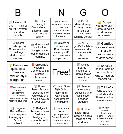 Gamification Bingo Card