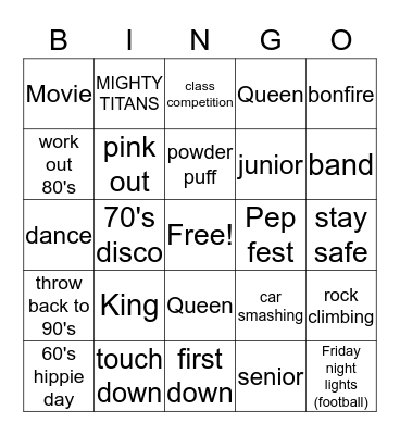 Homecoming 2016-2017 Bingo Card