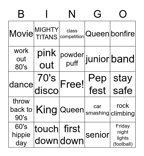 Homecoming 2016-2017 Bingo Card