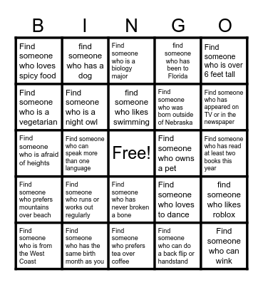 Get to Know You BINGO! Bingo Card