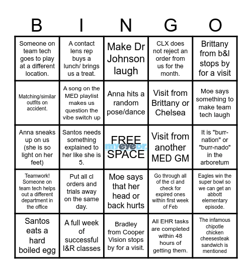 Super unofficial MED team tech Feb bingo Card