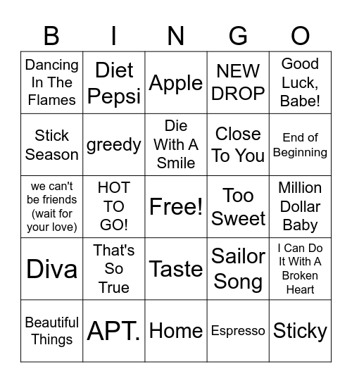 Singo Bingo- Today's Hits Bingo Card