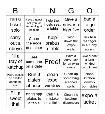 Food Runner Bingo Card