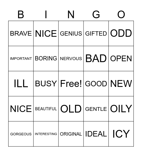 ADJECTOIVES Bingo Card