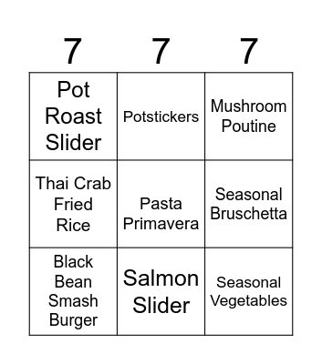New Menu! Bingo Card