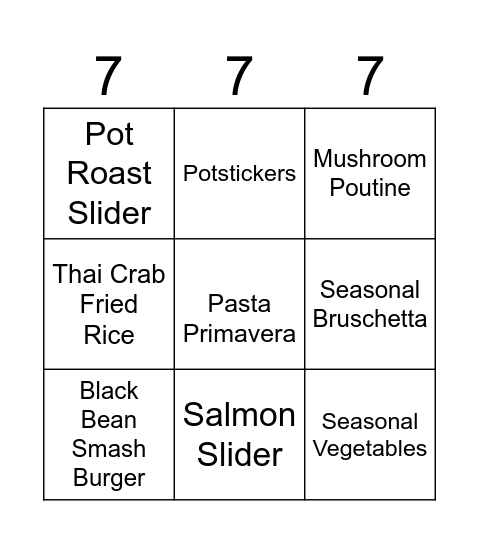 New Menu! Bingo Card
