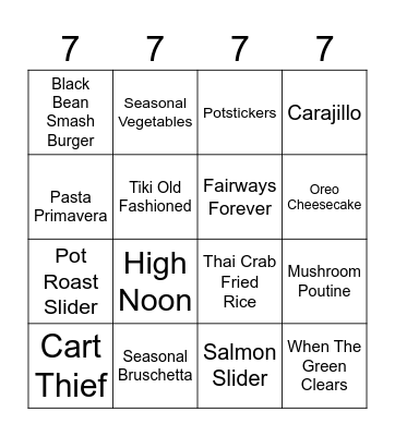 New Menu! Bingo Card