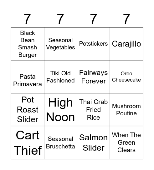 New Menu! Bingo Card