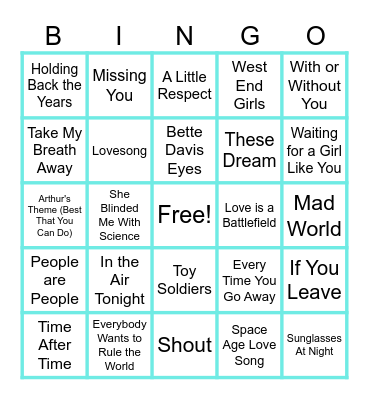 MUSIC BINGO at the Ann Arbor Eagles! Heavenly 80s Synth and Pop! Bingo Card