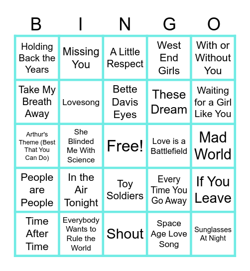 MUSIC BINGO at the Ann Arbor Eagles! Heavenly 80s Synth and Pop! Bingo Card