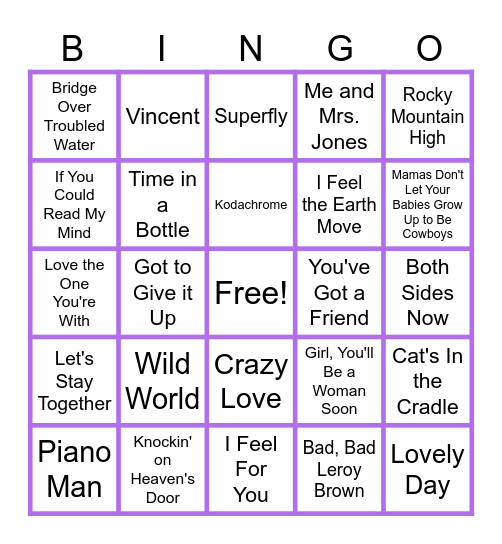 MUSIC BINGO at the Ann Arbor Eagles! Singers and Songwriters! Bingo Card