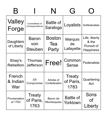 American Revolution & New Government Bingo Card