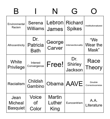 African American Criticism Bingo Card