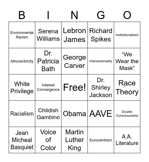 African American Criticism Bingo Card